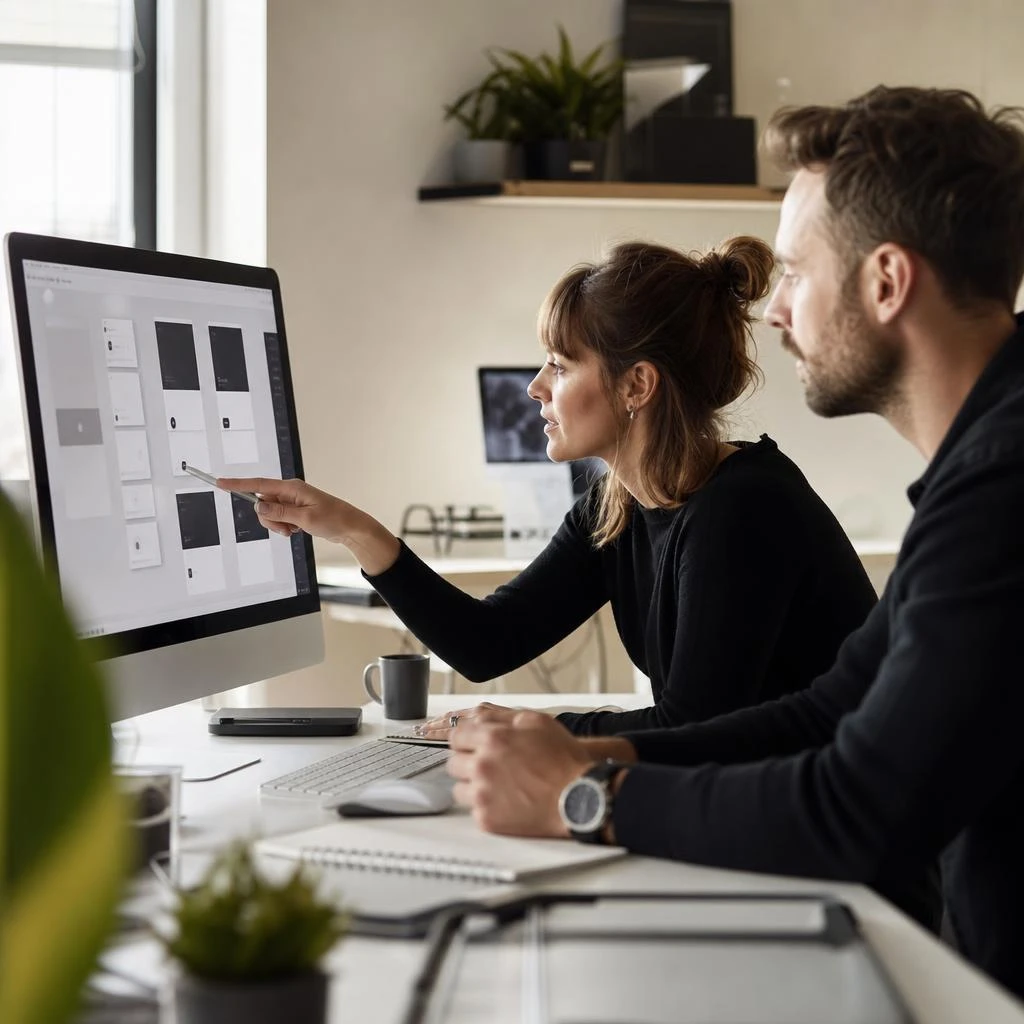 Webect Designerin und Entwickler prüfen gemeinsam eine Benutzeroberfläche
